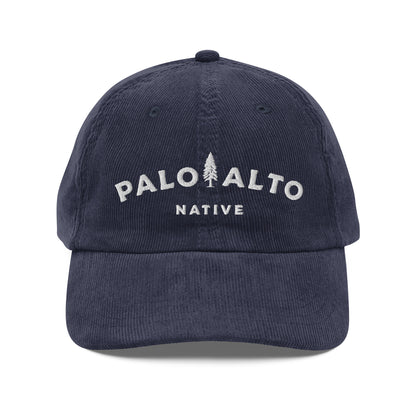 Front view of embroidered vintage corduroy palo alto native hat by crown moto