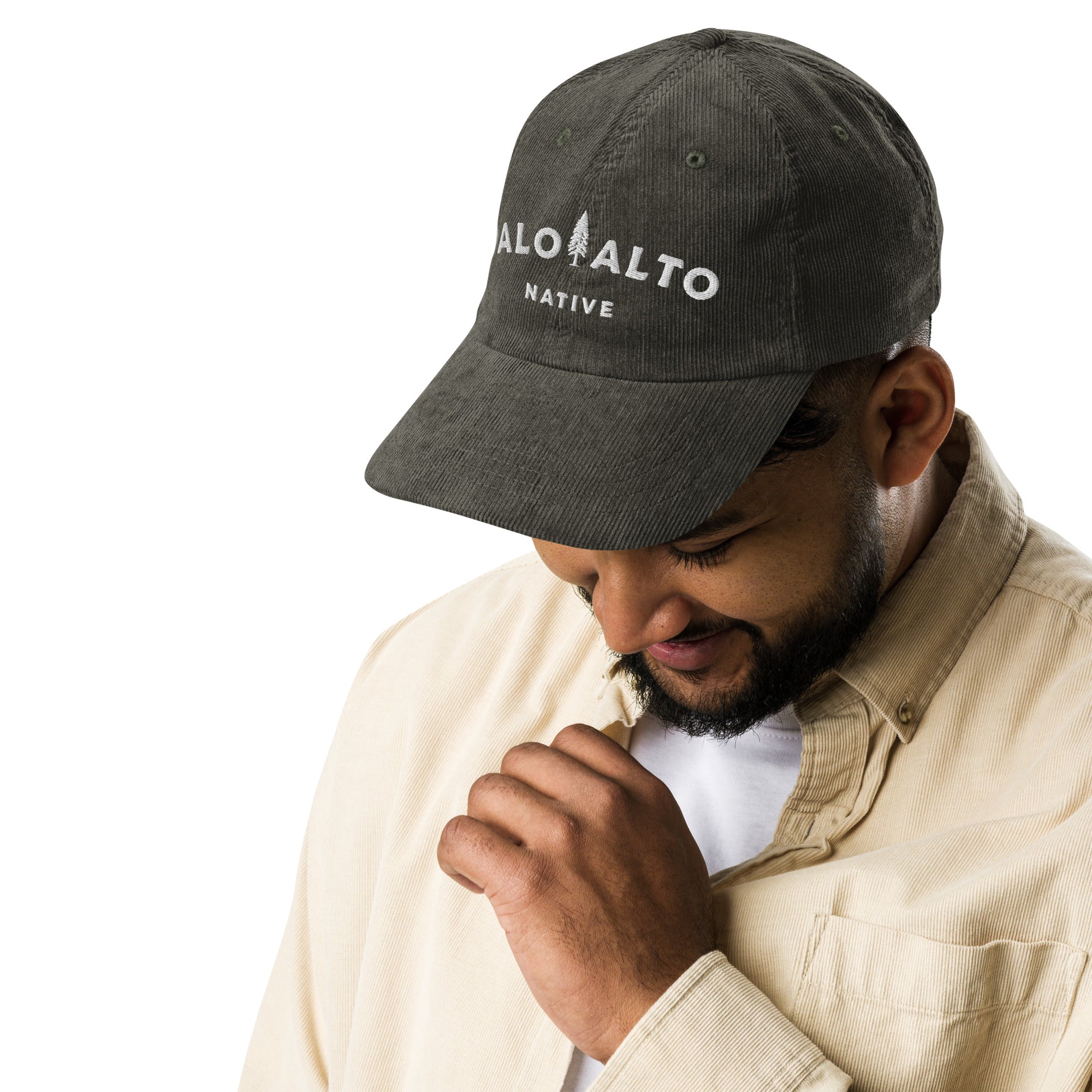 Male model wearing vintage corduroy palo alto native hat