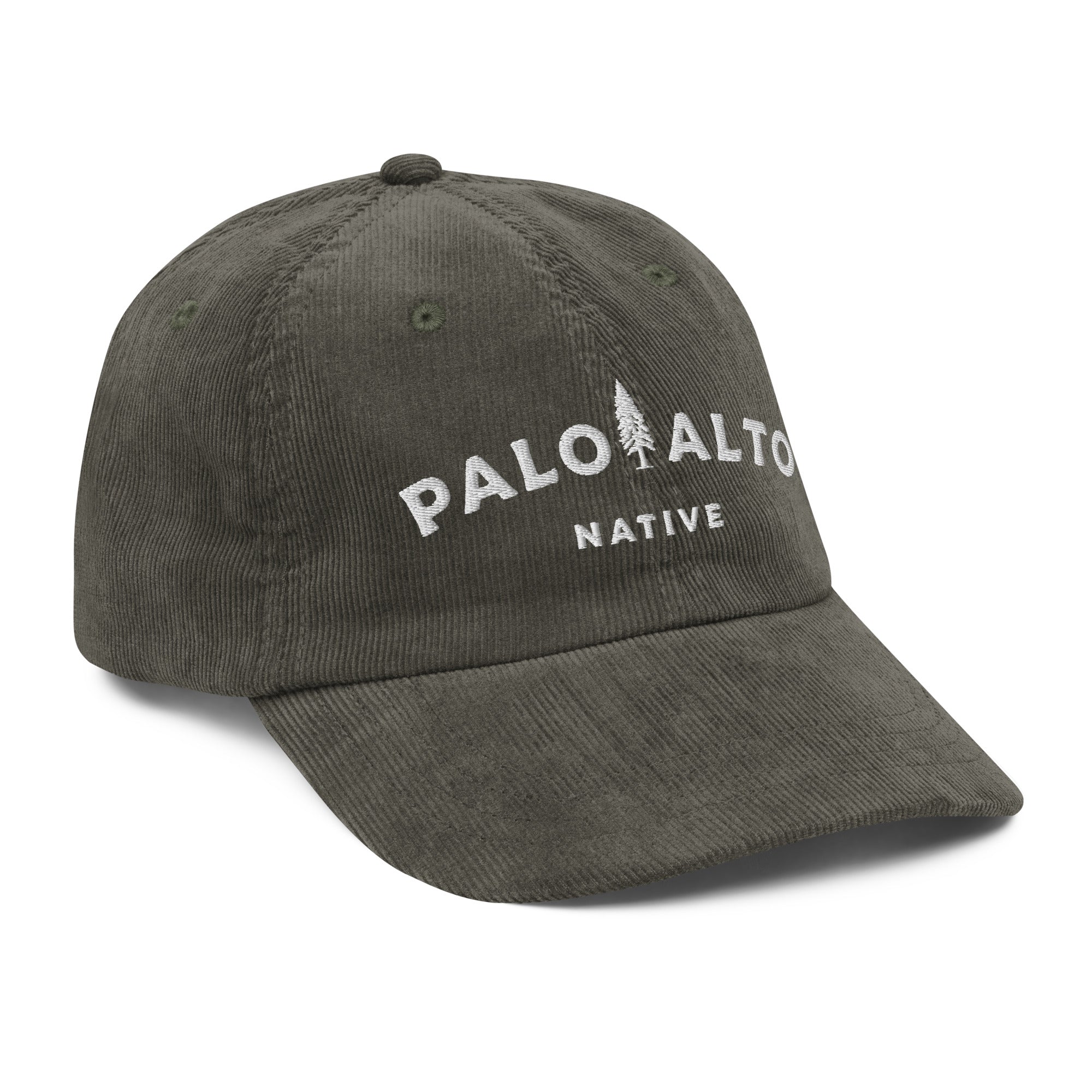 Product mock-up of olive green vintage corduroy palo alto native hat