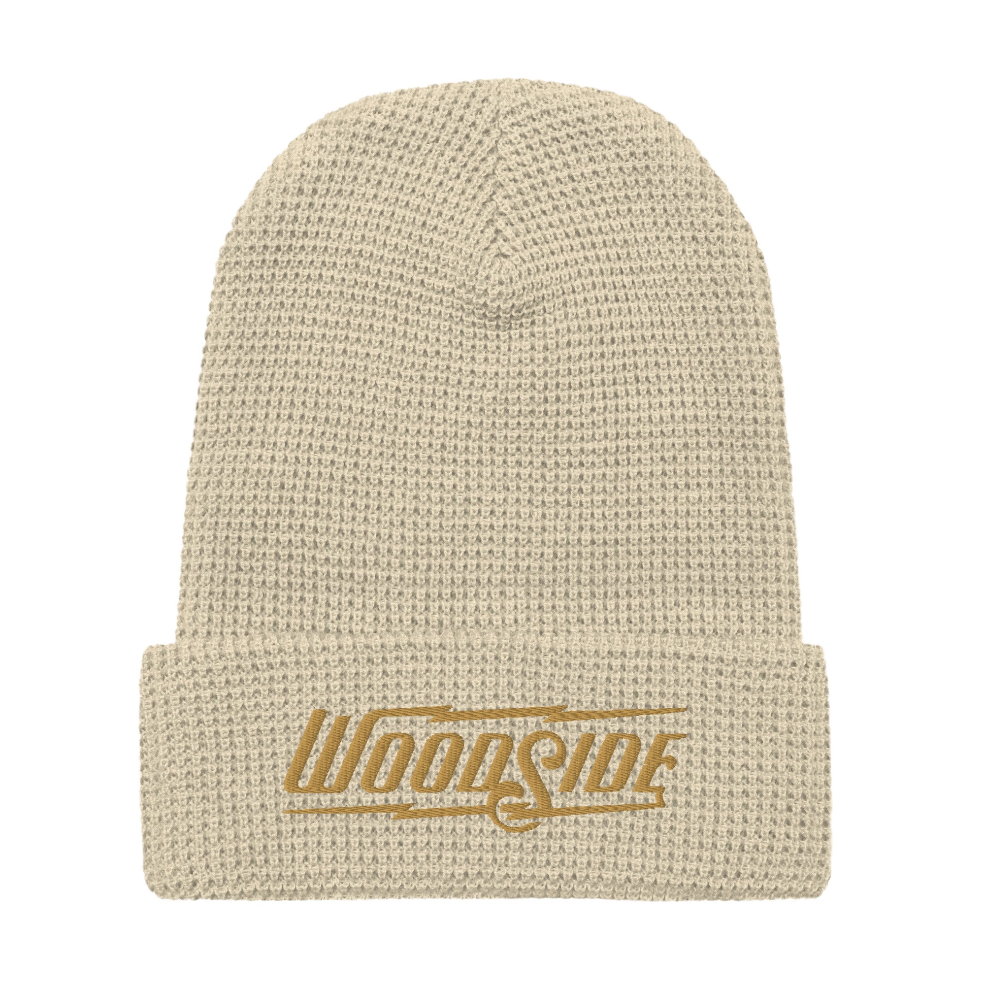 Product mockup of Woodside brand waffle knit beanie with Woodside Brand logo embroidered in gold on front cuff