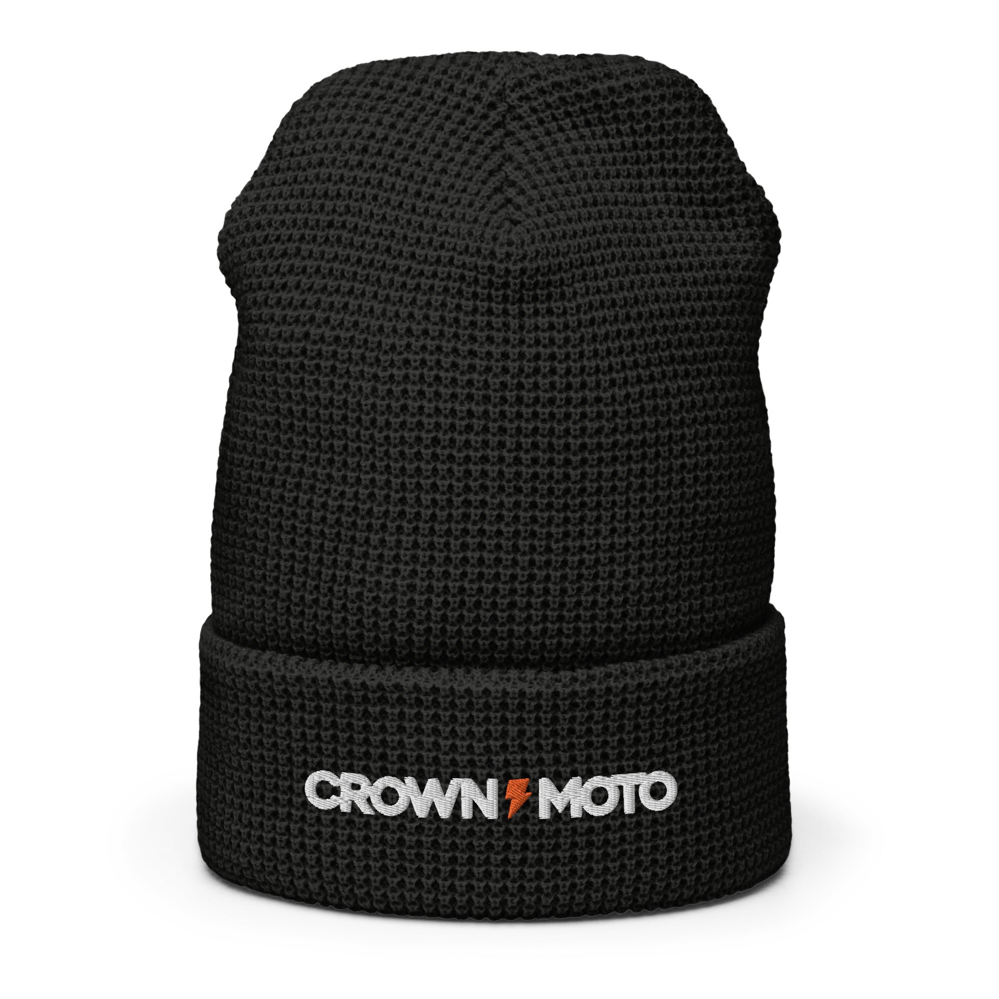 "crown moto" text and lightning bolt embroidered on cuff of waffle knit beanie