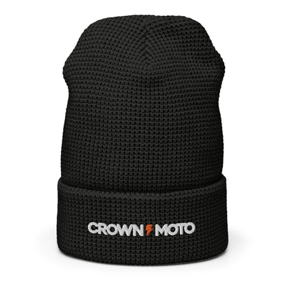 "crown moto" text and lightning bolt embroidered on cuff of waffle knit beanie