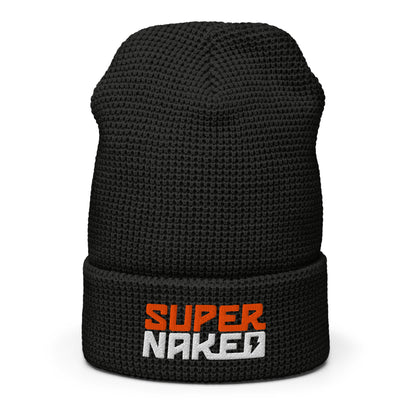 Black Super Naked embroidered waffle knit beanie by Crown Moto