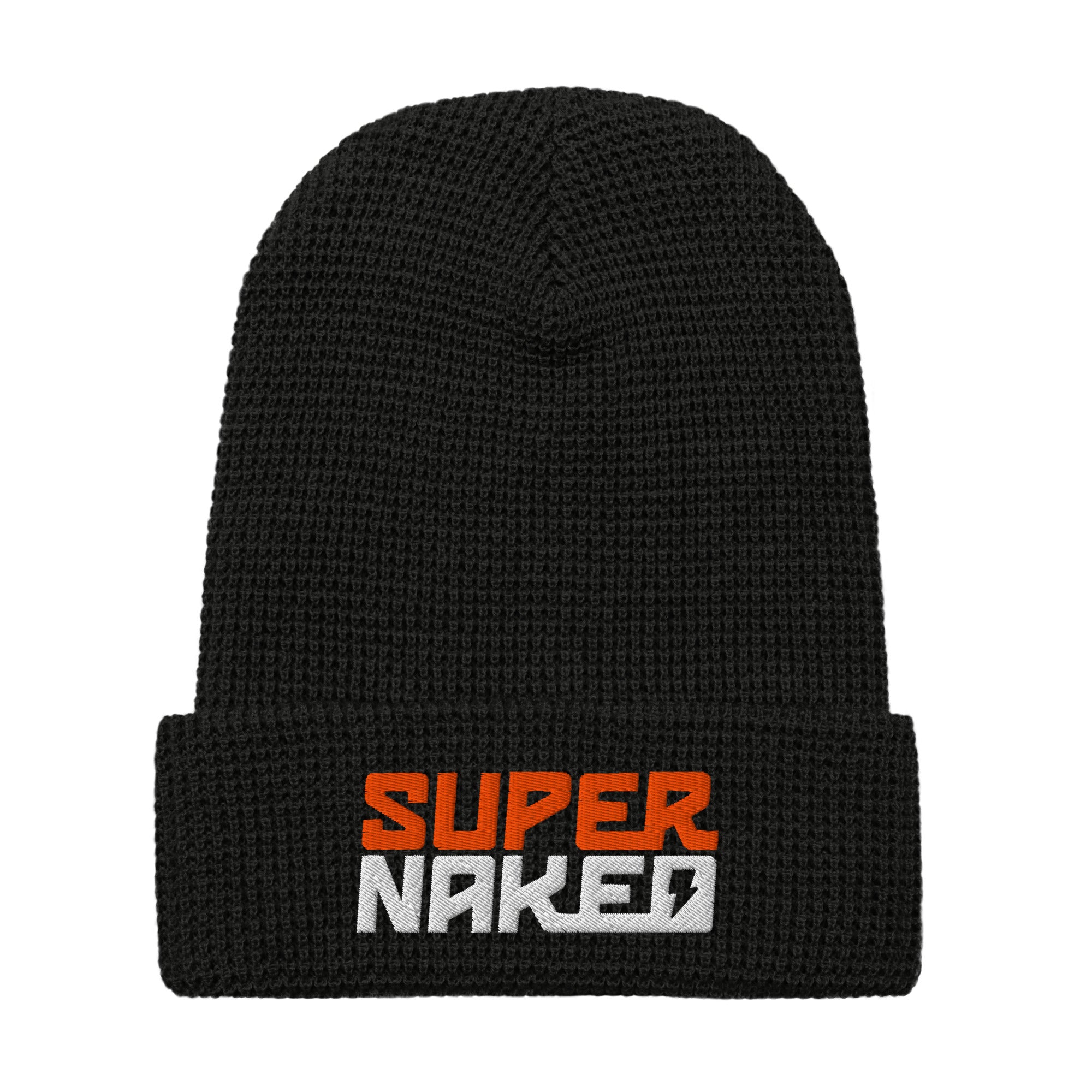 Black Super Naked embroidered waffle knit beanie by Crown Moto