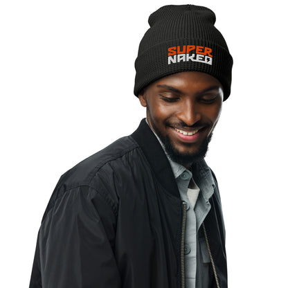 Male model wearing a black Super Naked embroidered waffle knit beanie by Crown Moto