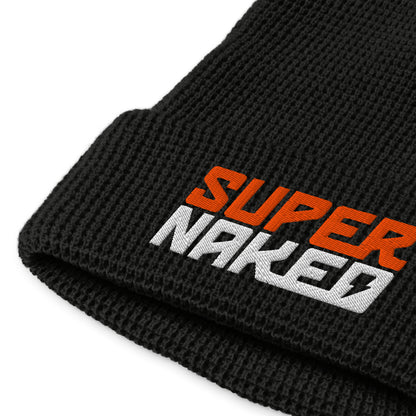 Super Naked embroidered black waffle knit beanie by Crown Moto