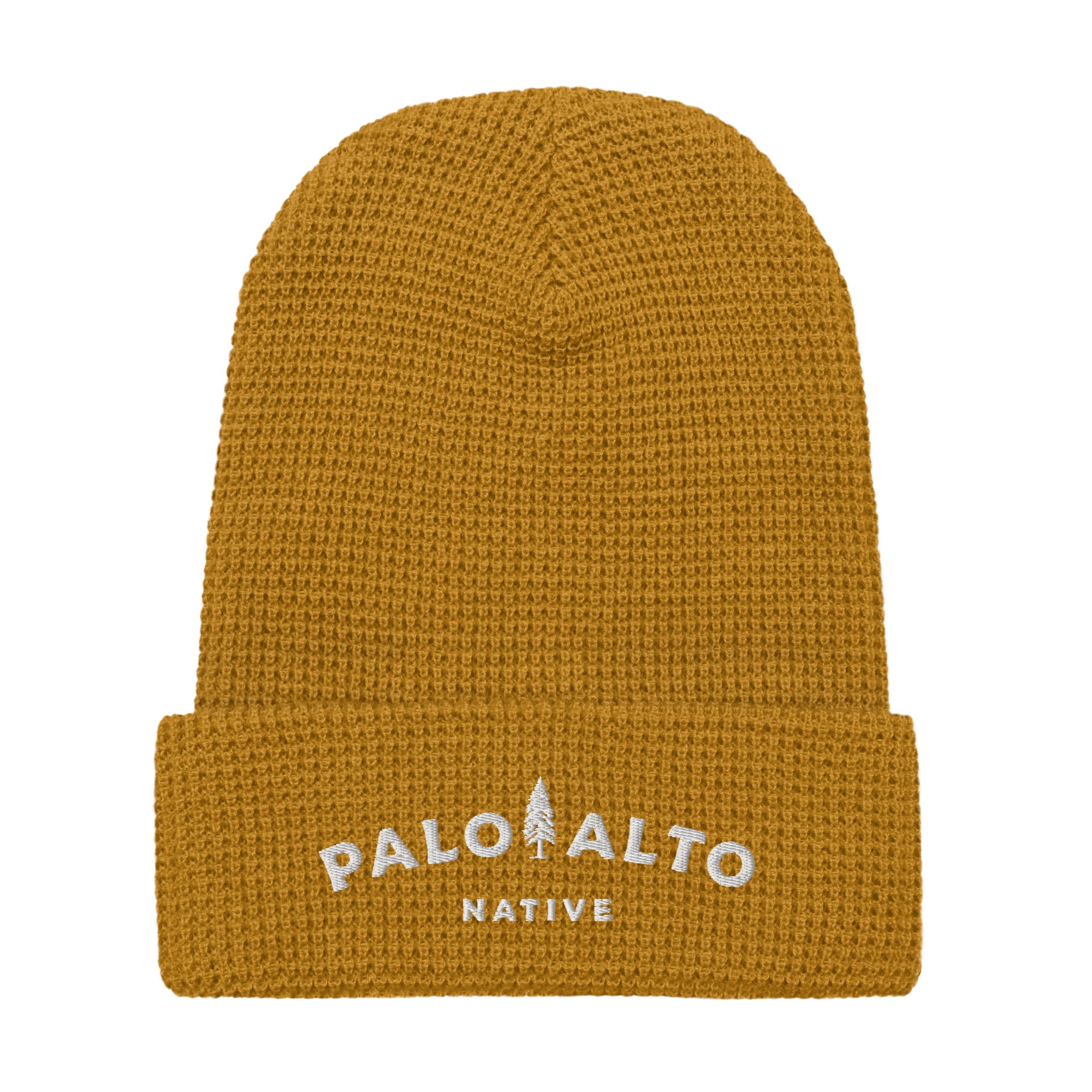 Product mockup of Palo Alto Native waffle knit beanie with "palo alto native" logo embroidered in white on front cuff