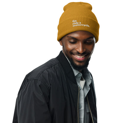 Man wearing "Go ride a motorcycle" waffle knit embroidered beanie