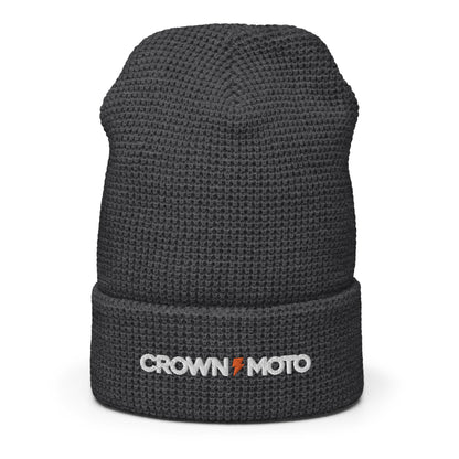 "crown moto" text and lightning bolt embroidered on cuff of waffle knit beanie