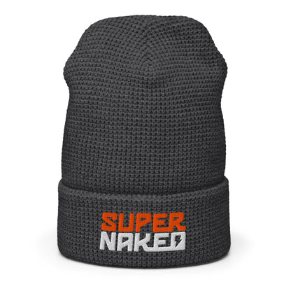 Charcoal grey Super Naked embroidered waffle knit beanie by Crown Moto