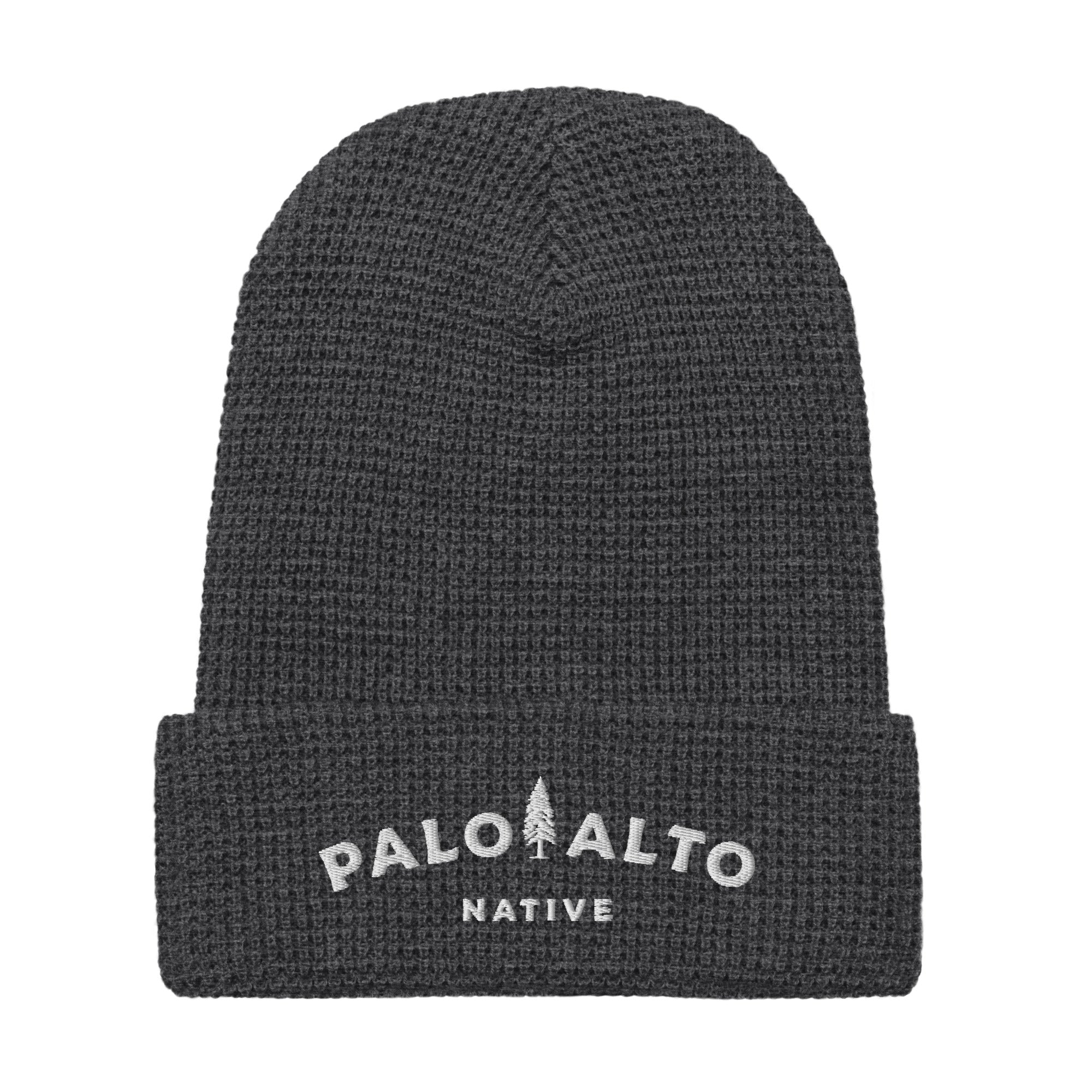 Product mockup of Palo Alto Native waffle knit beanie with "palo alto native" logo embroidered in white on front cuff