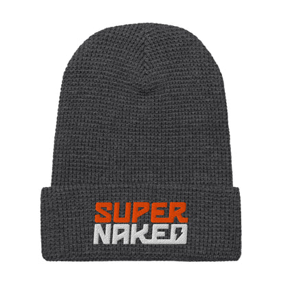 Charcoal grey Super Naked embroidered waffle knit beanie by Crown Moto