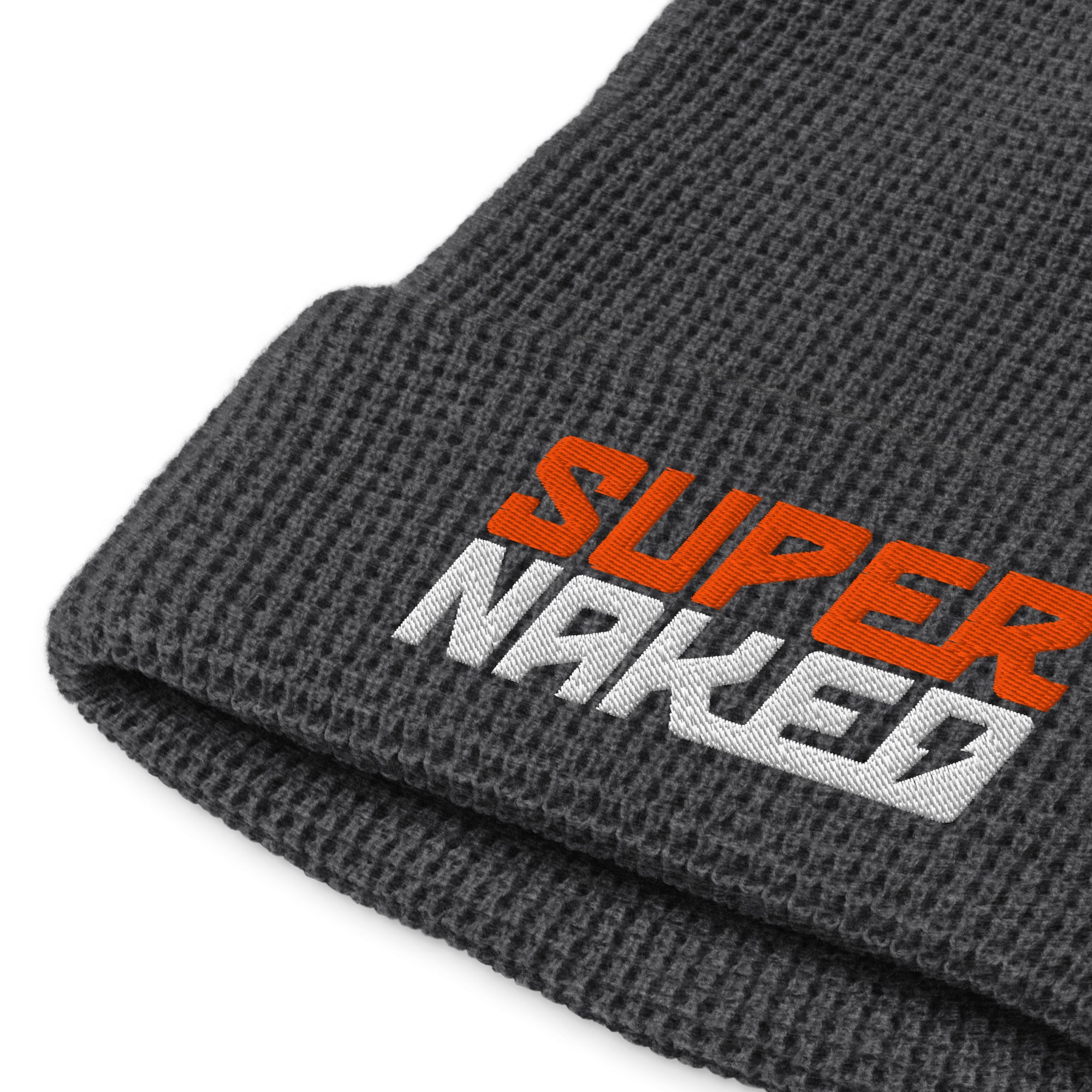 Super Naked embroidered waffle knit beanie by Crown Moto