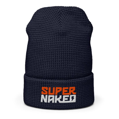 Navy blue Super Naked embroidered waffle knit beanie by Crown Moto