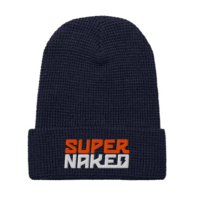 Navy blue Super Naked embroidered waffle knit beanie by Crown Moto