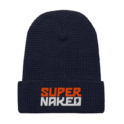 Navy blue Super Naked embroidered waffle knit beanie by Crown Moto