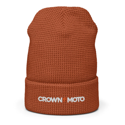 "crown moto" text and lightning bolt embroidered on cuff of waffle knit beanie