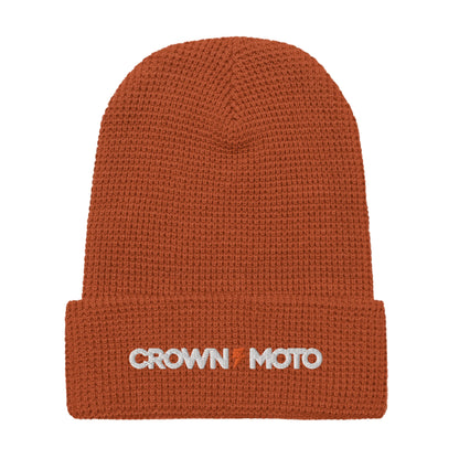 "crown moto" text and lightning bolt embroidered on cuff of waffle knit beanie