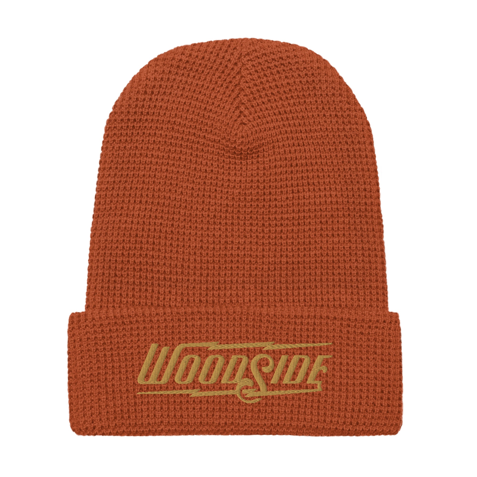 Product mockup of Woodside brand waffle knit beanie with Woodside Brand logo embroidered in gold on front cuff