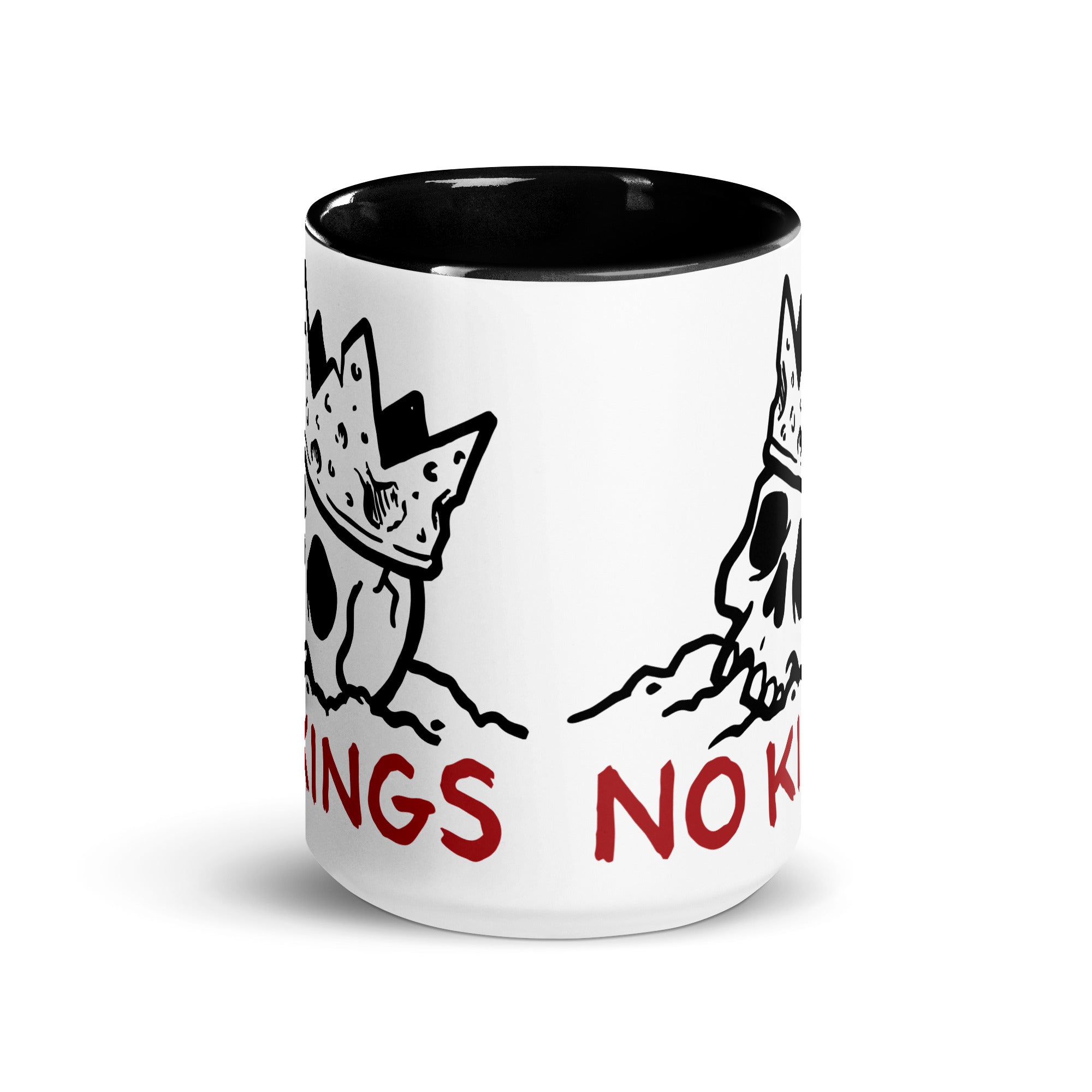NO KINGS design on both sides of 15 oz. black and white coffee mug