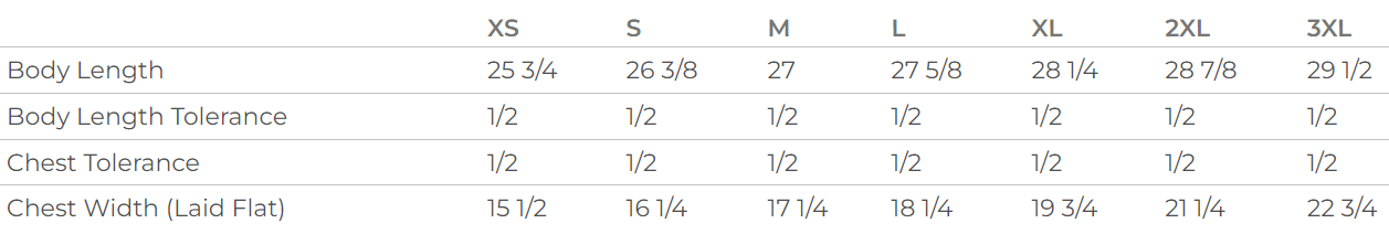 Measurement chart for body length, chest length, and waist width with tolerance ranges.