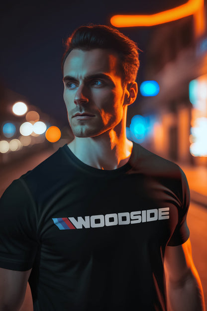 ai man wearing Woodside BMW M design short sleeve t-shirt