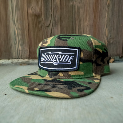 woodside brand heavy duty cotton flat brim snapback hat, woodside brand, woodside california, alices, sf bay area, embroidered patch, riveted, metal rivet, crown moto , logo, branded, motorcycles, cars, riders, drivers