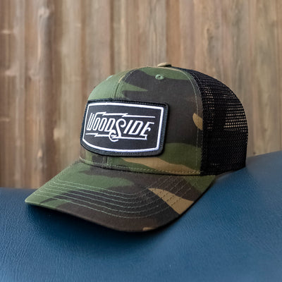 woodside, cotton snapback hat, camo, camouflage, green camo, woodside california, sf bay area, embroidered patch, original, driver lifestyle, car people, motorcycle lifestyle, alices