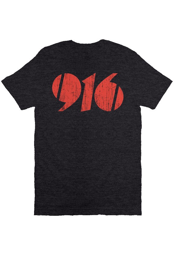 Original take on Ducati 916 emblem in distressed red ink with vintage look on chest of short sleeve t-shirt