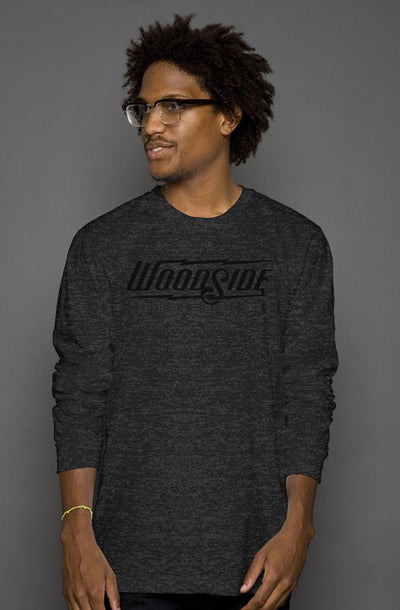 Woodside Brand logo in black on chest of premium long sleeve shirt