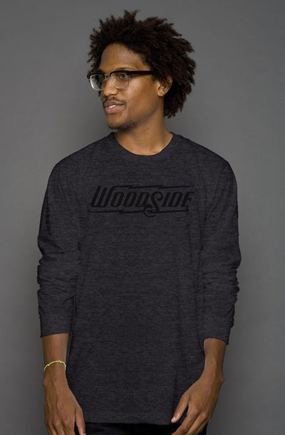 Woodside Brand logo in black on chest of premium long sleeve shirt