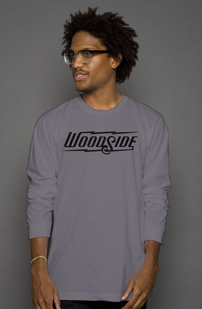 Woodside Brand logo in black on chest of premium long sleeve shirt