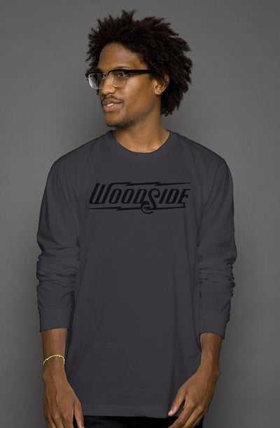 Woodside Brand logo in black on chest of premium long sleeve shirt
