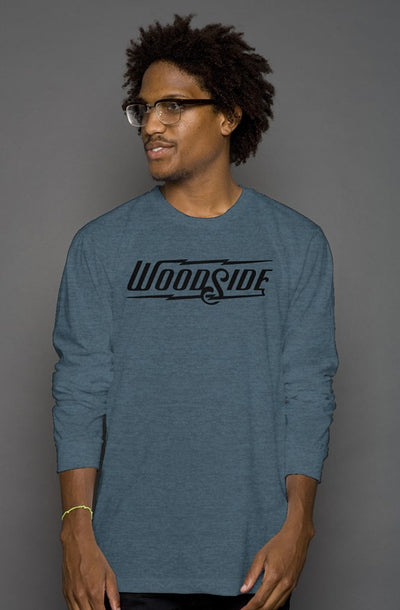 Woodside Brand logo in black on chest of premium long sleeve shirt