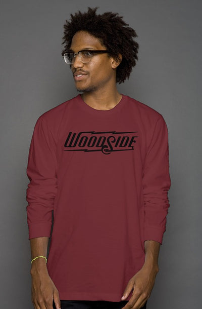 Woodside Brand logo in black on chest of premium long sleeve shirt