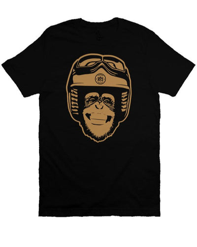 Original Moto Monkey design printed in gold ink on chest of premium unisex short sleeve t-shirt