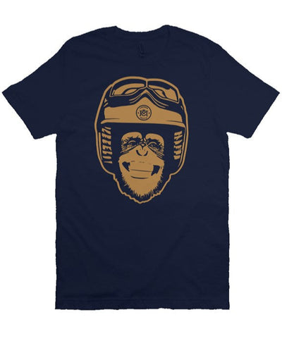 Original Moto Monkey design printed in gold ink on chest of premium unisex short sleeve t-shirt