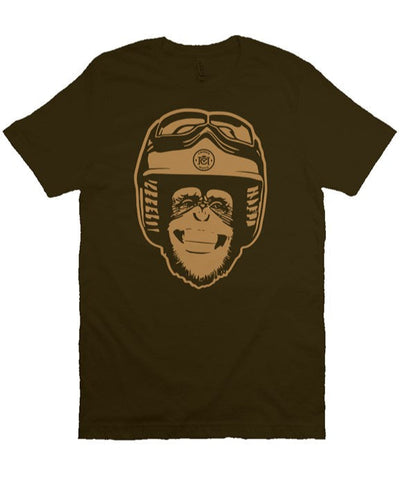 Original Moto Monkey design printed in gold ink on chest of premium unisex short sleeve t-shirt