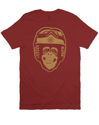 Original Moto Monkey design printed in gold ink on chest of premium unisex short sleeve t-shirt
