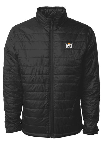 Trademarked Crown Moto logo embroidered on left chest of black full-zip puffer jacket