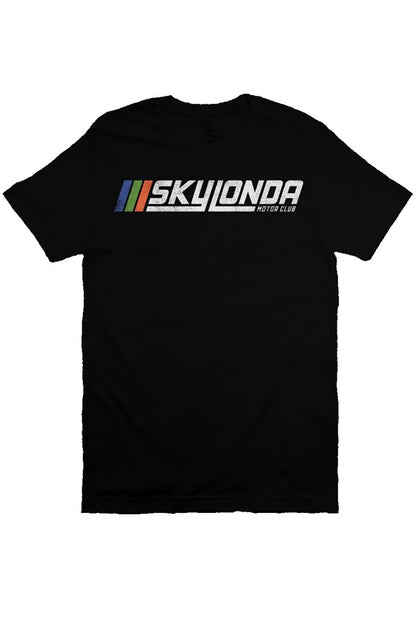 Sky Londa Motor Club Rally logo printed with vintage look on chest of premium short sleeve shirt