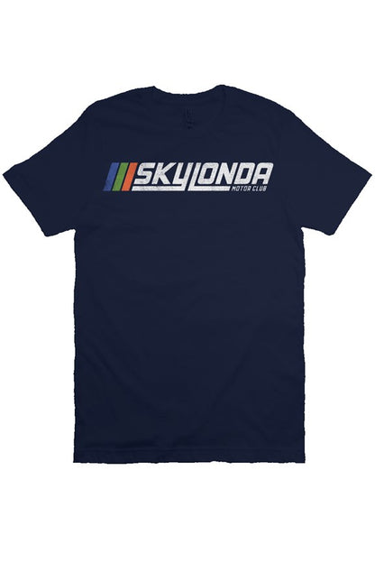 Sky Londa Motor Club Rally logo printed with vintage look on chest of premium short sleeve shirt