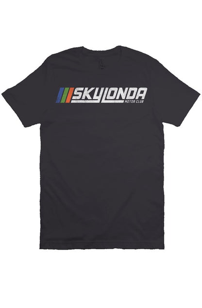 Sky Londa Motor Club Rally logo printed with vintage look on chest of premium short sleeve shirt