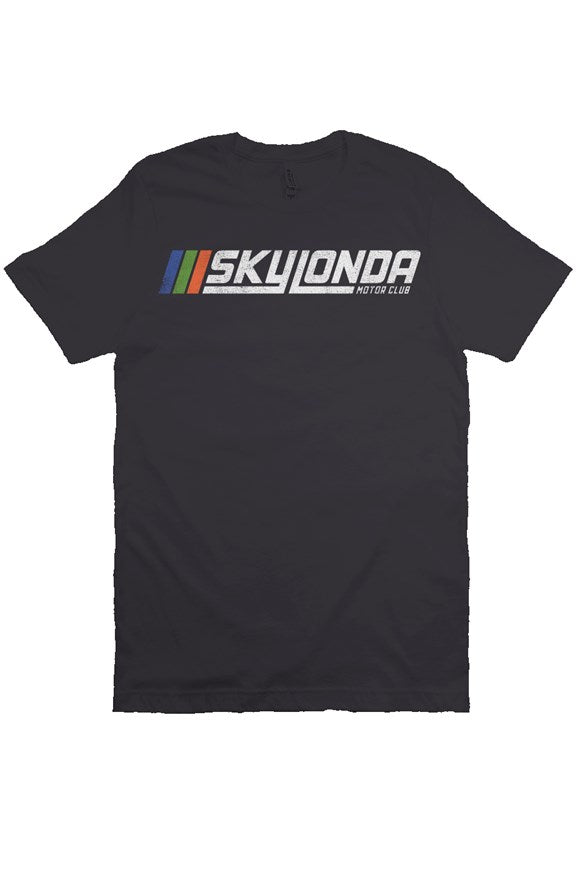 Sky Londa Motor Club Rally logo printed with vintage look on chest of premium short sleeve shirt