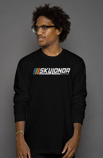 Sky Londa Motor Club Rally logo printed with vintage look on chest of premium long sleeve shirt