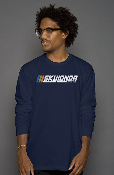 Sky Londa Motor Club Rally logo printed with vintage look on chest of premium long sleeve shirt