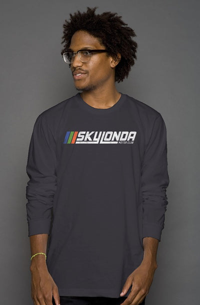 Sky Londa Motor Club Rally logo printed with vintage look on chest of premium long sleeve shirt