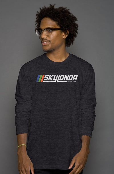 Sky Londa Motor Club Rally logo printed with vintage look on chest of premium long sleeve shirt