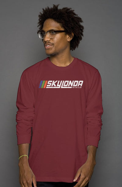 Sky Londa Motor Club Rally logo printed with vintage look on chest of premium long sleeve shirt