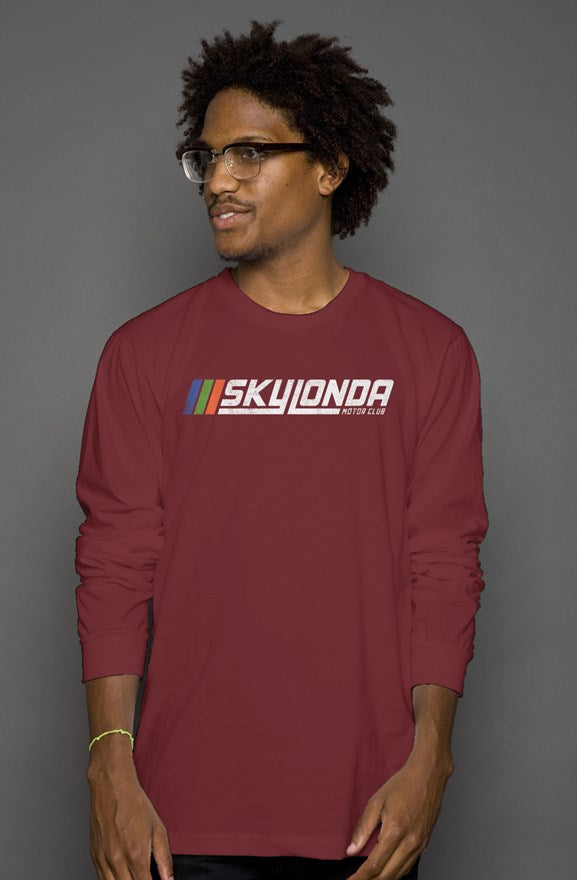 Sky Londa Motor Club Rally logo printed with vintage look on chest of premium long sleeve shirt